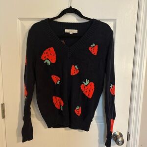 LOFT navy Sweater with Red Strawberry Design